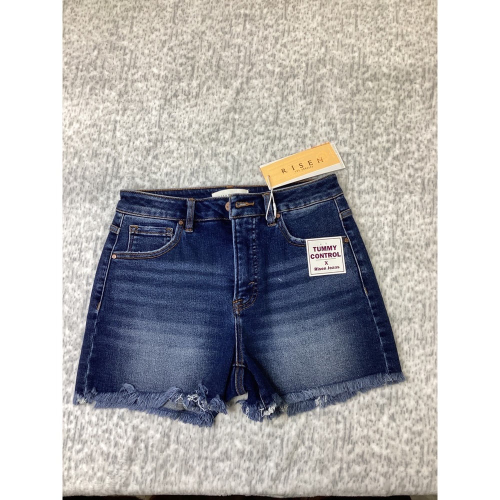 Risen Jeans Womens High Rise Frayed Hem Tummy Control Denim Shorts Dark Wash M